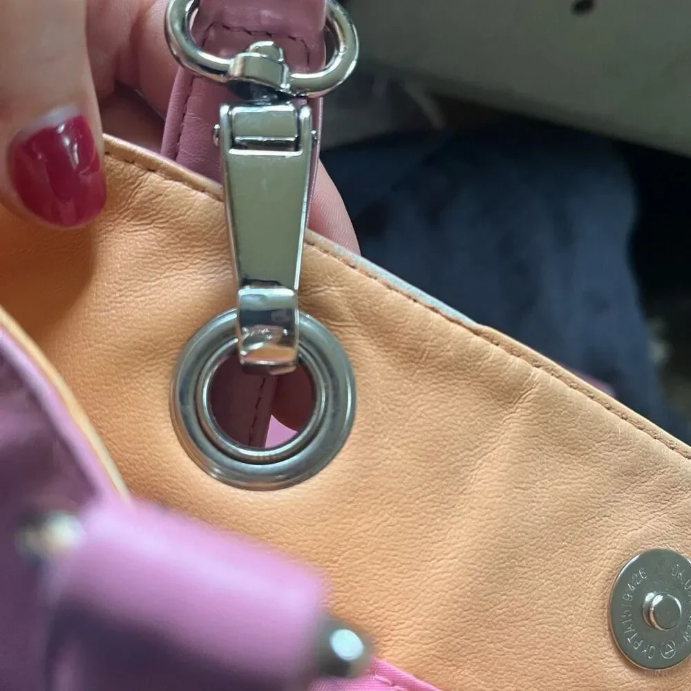 Talbots Y2K Pink Leather Tote Bag w/ Orange Handles Pastel Retro Shoulder Purse - Picture 4 of 7